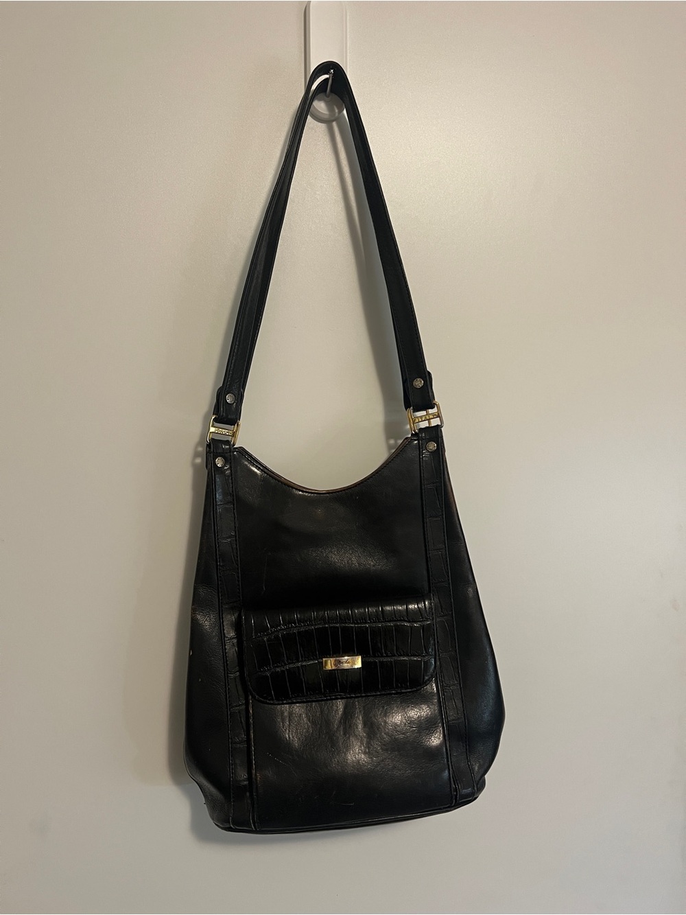VINTAGE Opale Italian Design Black Leather Croc Flap Shoulder Bag